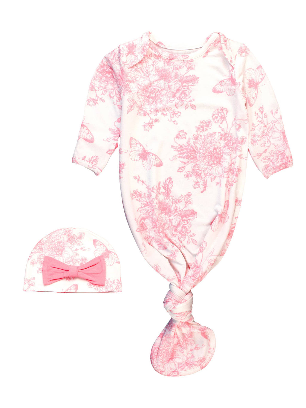 Bamboo-Spandex Pink Butterfly Toile Ruffle Knotted Sleep Gown & Bow Hat Set Baby Girls